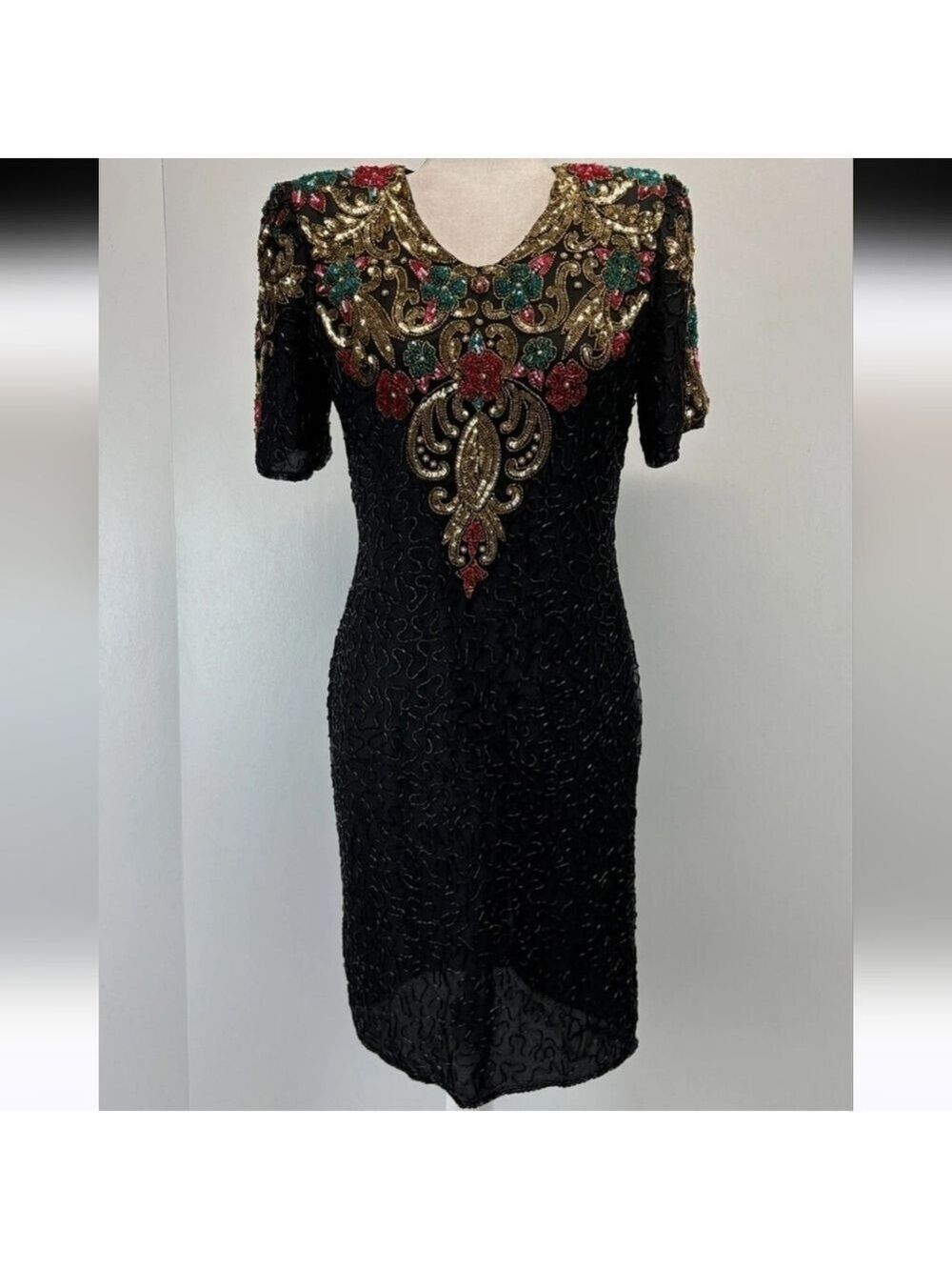 Vintage Scala Black Midi Dress with Gold, Red & Green Embellishment Small,medium